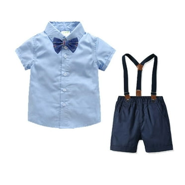 Summer Savings Clearance! Stamzod Kids Boys Dress Suit Sets Gentleman Clothes Suit Solid Color Short Sleeve Button Shirt With Bow Tie Suspender Shorts Boys Outfit Set 2-11Y