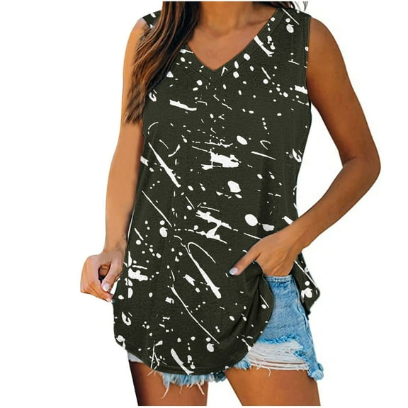 Stamzod Ladies Tops and Blouses Summer V Neck Sleeveless Graphic Tee Tops Daily Casual Loose Vacation Beach Tank Tops for Women Black S