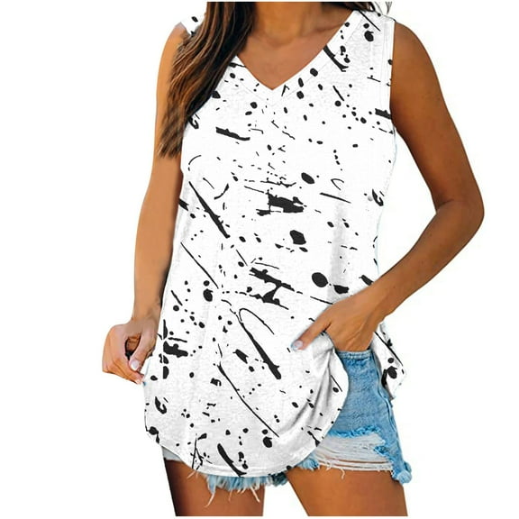 Stamzod Ladies Tops and Blouses Summer V Neck Sleeveless Graphic Tee Tops Daily Casual Loose Vacation Beach Tank Tops for Women White XL