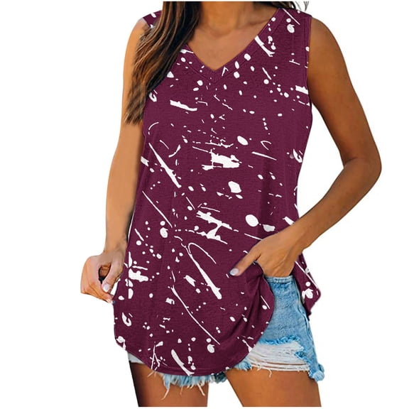 Stamzod Ladies Tops and Blouses Summer V Neck Sleeveless Graphic Tee Tops Daily Casual Loose Vacation Beach Tank Tops for Women Wine L