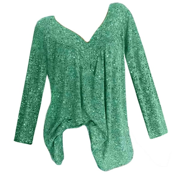 Stamzod Lightweight Tops & Blouses Summer V-Neck Long Sleeve Floral Tunic Tops Casual Loose Plus Size Womens Clothing Green L