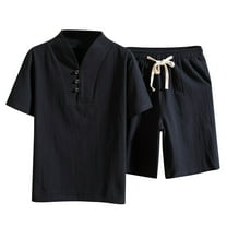 Summer Stamzod Linen Sets for Men 2 Piece Button Up Shirt Short Sleeve and Casual Beach Drawstring Waist Shorts Causal Outfit