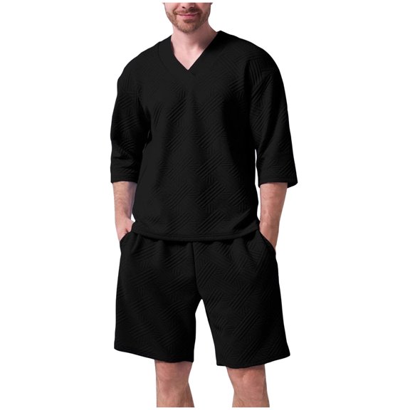 Stamzod Men 2 Piece Short Set Summer V Neck Short Sleeve Shirts and Shorts Casual Loose Plus Size Vacation Beach Outfits for Men with Pocket Black S
