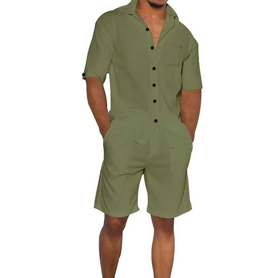 Stamzod Men Casual Short Sets Short Sleeve Button Down Shirt Elastic Waist Shorts 2 Piece Tracksuit Solid Cardigan Business Sets