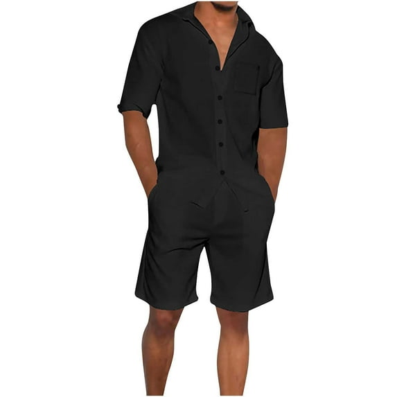 Stamzod Men Casual Short Sets Short Sleeve Button Down Shirt Elastic Waist Shorts 2 Piece Tracksuit Solid Cardigan Business Sets