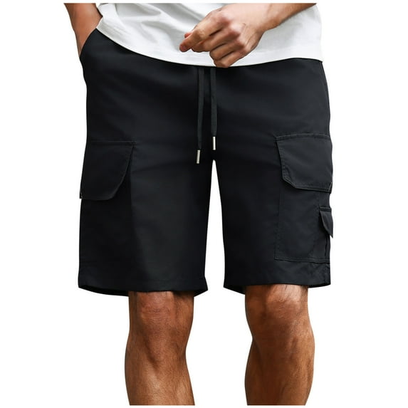 Stamzod Men Short Fashion Solid Color Summer Elastic Waist Drawstring Shorts Casual Loose Plus Size Athletic Shorts for Men with Pocket Black E XL