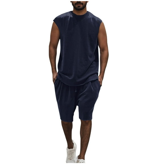 Stamzod Men Short Sets Outfits 2 Piece Fashion Solid Color Sleeveless Tank Tops and Shorts Casual Loose Plus Size Summer Outfits for Men Navy M