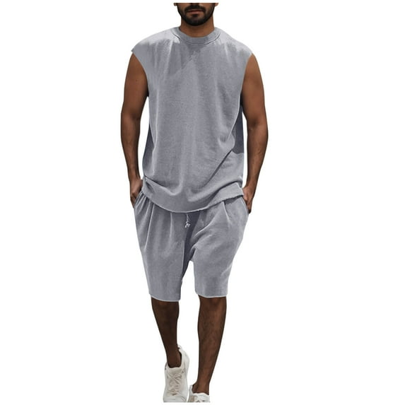 Stamzod Men Short Sets Outfits 2 Piece Fashion Solid Color Sleeveless Tank Tops and Shorts Casual Loose Plus Size Summer Outfits for Men Dark Gray XL