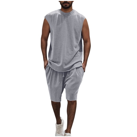 Stamzod Men Short Sets Outfits 2 Piece Fashion Solid Color Sleeveless Tank Tops and Shorts Casual Loose Plus Size Summer Outfits for Men Dark Gray L