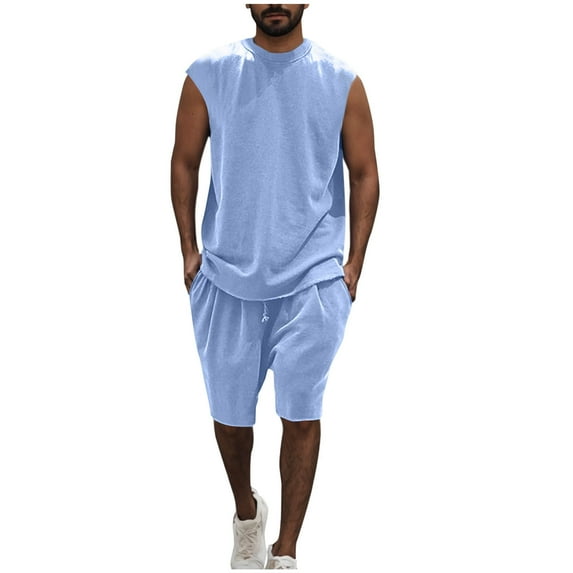 Stamzod Men Short Sets Outfits 2 Piece Fashion Solid Color Sleeveless Tank Tops and Shorts Casual Loose Plus Size Summer Outfits for Men Sky Blue XXL