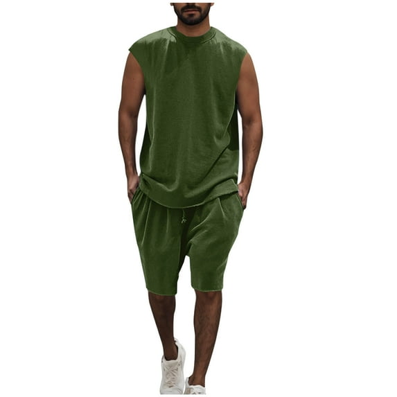 Stamzod Men Short Sets Outfits 2 Piece Fashion Solid Color Sleeveless Tank Tops and Shorts Casual Loose Plus Size Summer Outfits for Men Army Green XXL