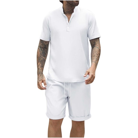 Stamzod Men Short Sets Outfits 2 Piece Fashion Solid Color Stand Up Sleeveless Tshirts and Shorts Set Casual Loose Plus Size Beach Vacation Outfits for Men White C XXL