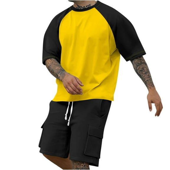 Stamzod Men Short Sets Outfits 2 Piece Summer Patchwork Crew Neck Short Sleeve Tee and Cargo Shorts Casual Loose Plus Size Athletic Track Suit with Pocket Yellow-1 XXL