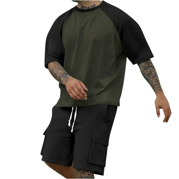 Stamzod Men Short Sets Outfits 2 Piece Summer Patchwork Crew Neck Short Sleeve Tee and Cargo Shorts Casual Plus Size Athletic Track Suit with Pocket Army Green-1 M