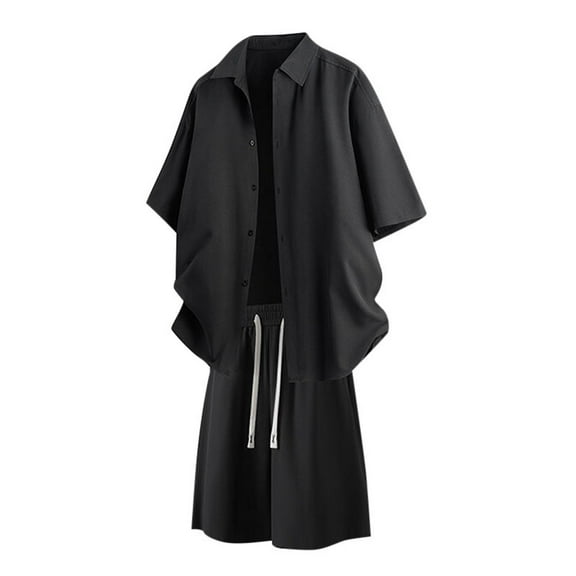Stamzod Men Short Sets Outfits 2 Piece Summer Solid Color Button Down Shirts and Shorts Daily Casual Loose Beach Vacation Outfits for Men with Pocket Black L