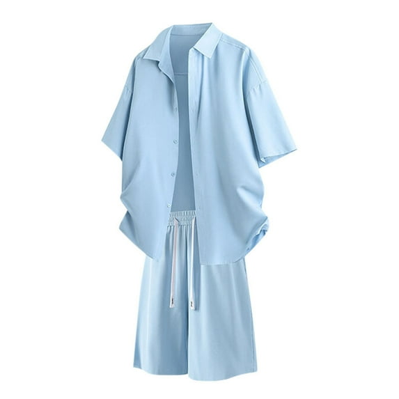 Stamzod Men Short Sets Outfits 2 Piece Summer Solid Color Button Down Shirts and Shorts Daily Casual Loose Beach Vacation Outfits for Men with Pocket Blue XXL