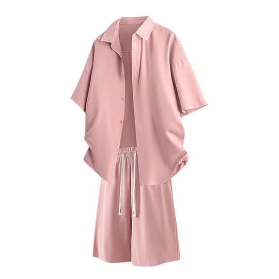Stamzod Men Short Sets Outfits 2 Piece Summer Solid Color Button Down Shirts and Shorts Daily Casual Loose Beach Vacation Outfits for Men with Pocket Pink XL