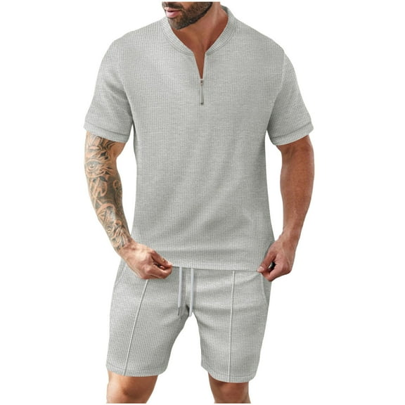 Stamzod Men Short Sets Outfits 2 Piece Summer Solid Color Short Sleeve Tshirts and Shorts Set Daily Casual Loose Plus Size Stretch Track Suit with Pocket Gray S