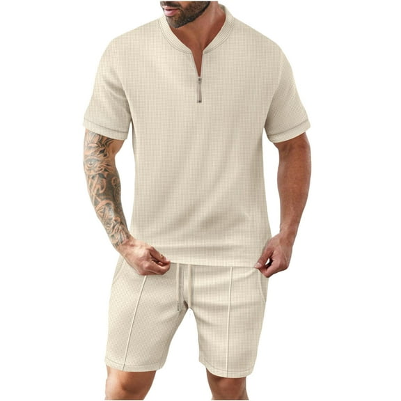 Stamzod Men Short Sets Outfits 2 Piece Summer Solid Color Short Sleeve Tshirts and Shorts Set Daily Casual Loose Plus Size Stretch Track Suit with Pocket Khaki S