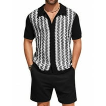 Stamzod Men Short Sets Outfits 2 Piece Summer Turndown Short Sleeve Knitting Cotton Shirts and Shorts Set Casual Beach Vacation Clothes for Men with Pocket Black L