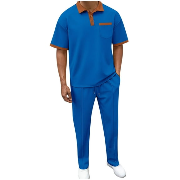 Stamzod Men Sweatsuits Sets 2 Piece Summer Turndown Short Sleeve Shirts and Shorts Set Casual Loose Track Suits Mens Athletic Short Sets with Pocket Blue B XXXL