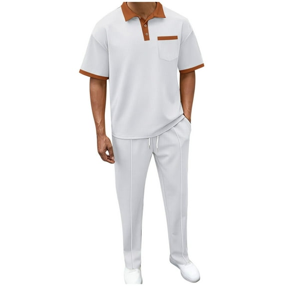 Stamzod Men Sweatsuits Sets 2 Piece Summer Turndown Short Sleeve Shirts and Shorts Set Casual Loose Track Suits Mens Athletic Short Sets with Pocket White B XXL