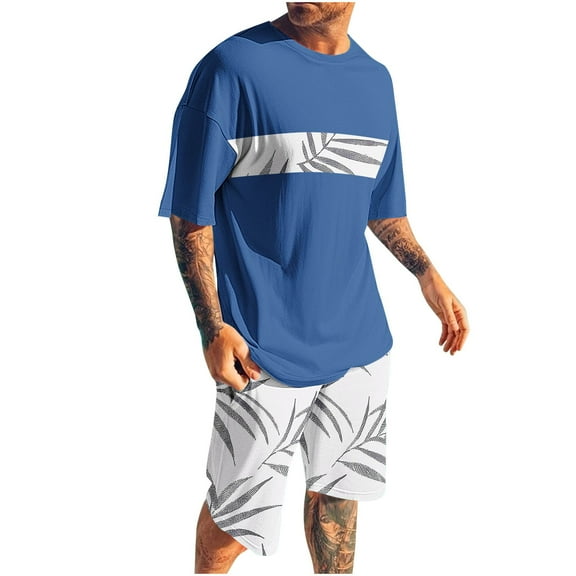 Stamzod Men Sweatsuits Sets with Pocket 2 Piece Summer Short Sleeve Hawaiian Shirts and Shorts Set Casual Loose Plus Size Beach Vacation Short Sets for Men Blue J M