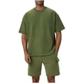 thumbnail image 1 of Stamzod Men Sweatsuits Sets with Pocket 2PC Solid Color Round Neck Short Sleeve Tshirt and Shorts Casual Loose Plus Size Track Suits Mens Summer Outfits Army Green M, 1 of 8