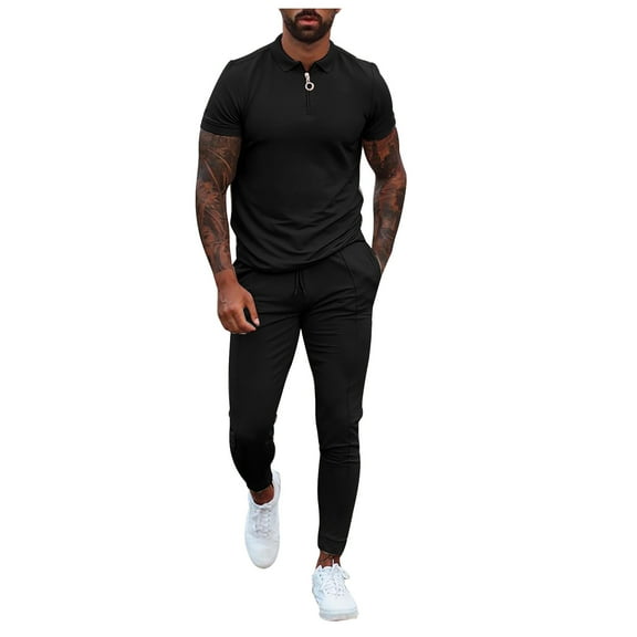 Stamzod Men's 2 Piece Casual Set Solid Zipper Business Suit Short Sleeve Shirt and Trousers Fashion Track Suits for Men Set