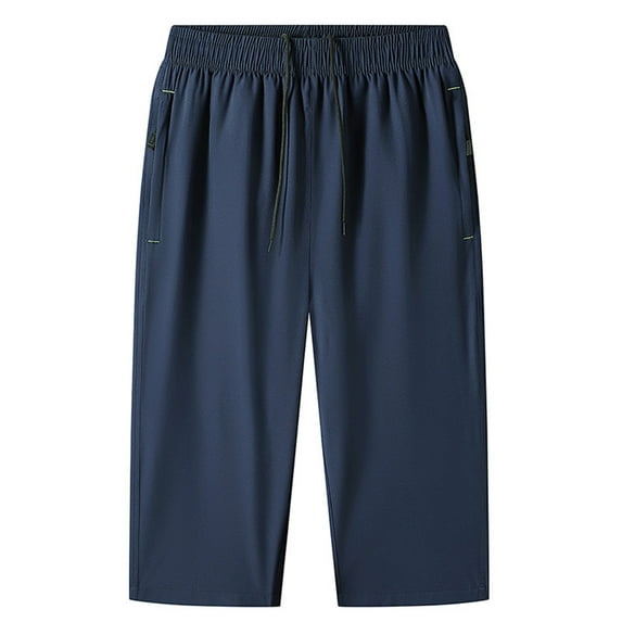 Stamzod Men's Running Pants Summer Solid Color Stretch Waist Straight Wide Leg Capri Pants Casual Loose Plus Size Capris for Men with Pockets Dark Blue B XXXXXXXL