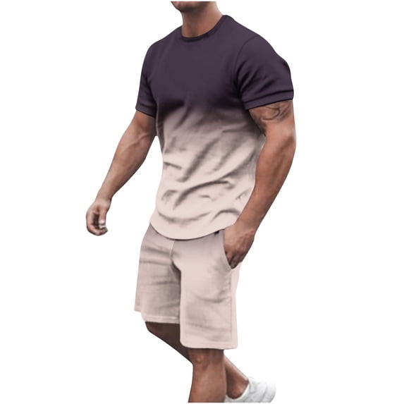 Stamzod Men's Suits Men's T-Shirt Set Colorless Gradient Printing Short Sleeve T-Shirt Shorts Regular Casual Sports Shorts Two Piece Set