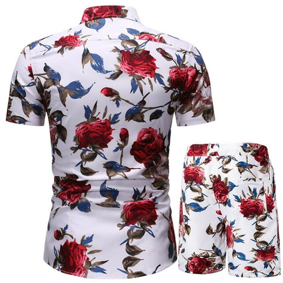 Stamzod Men's Suits Mens Luxury Outfit Set Short Sleeve Shirts and Shorts 2 Piece Chain Print Set Slim Button Hawaiian Shirt Suits