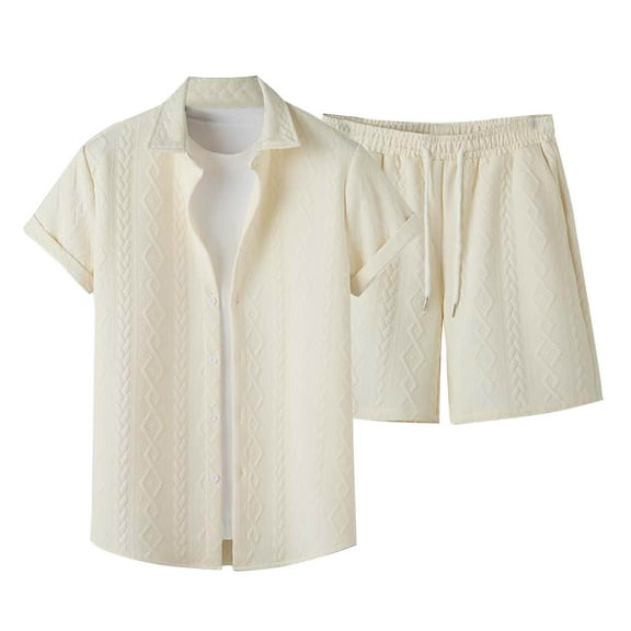Stamzod Men's Tracksuits 2 Piece Summer Solid Color Short Sleeve Button Down Shirts and Shorts Loungewear Casual Loose Tracksuit Men Short Sets with Pocket Beige XXL