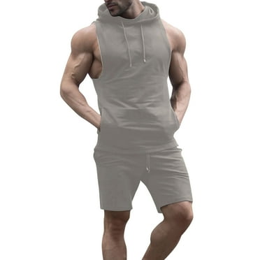 Summer Savings Clearance Stamzod Men's Tracksuits Solid Color Sleeveless Hoodie Tops 2 Piece Sweatsuits For Men Leisure Plus Size Athletic Jogging Sport Suits