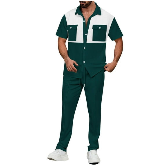 Stamzod Mens 2 Piece Outfits Fashion Patchwork Summer Turndown Short Sleeve Shirt and Pants Daily Casual Loose Oversized Sweatsuits for Men with Pocket Army Green S