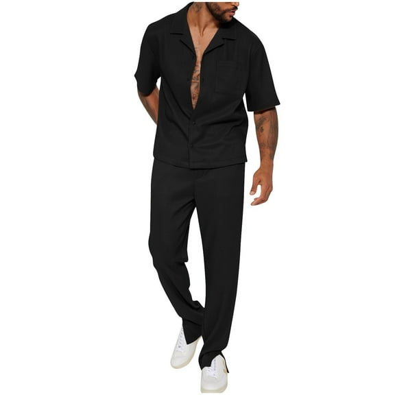 Stamzod Mens 2 Piece Outfits Fashion Solid Color Summer Button Down Shirt and Long Pants Daily Casual Sweatsuits for Men with Pocket Black S