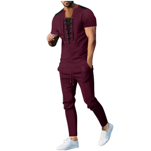 Stamzod Mens 2 Piece Outfits Summer Round Neck Short Sleeve Drawstring Pullover Shirts and Sweatpants with Pocket Casual Loose Fit Sweatsuits for Men Wine B S