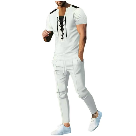 Stamzod Mens 2 Piece Outfits Summer Round Neck Short Sleeve Drawstring Pullover Shirts and Sweatpants with Pocket Casual Loose Fit Sweatsuits for Men White B S