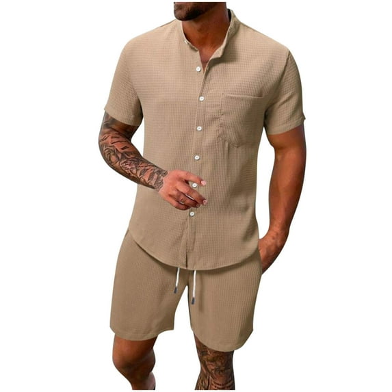 Stamzod Mens 2 Piece Short Set Fashion Solid Color Short Sleeve Tshirts and Shorts Daily Casual Loose Plus Size Summer Outfits for Men with Pocket Khaki-1 L