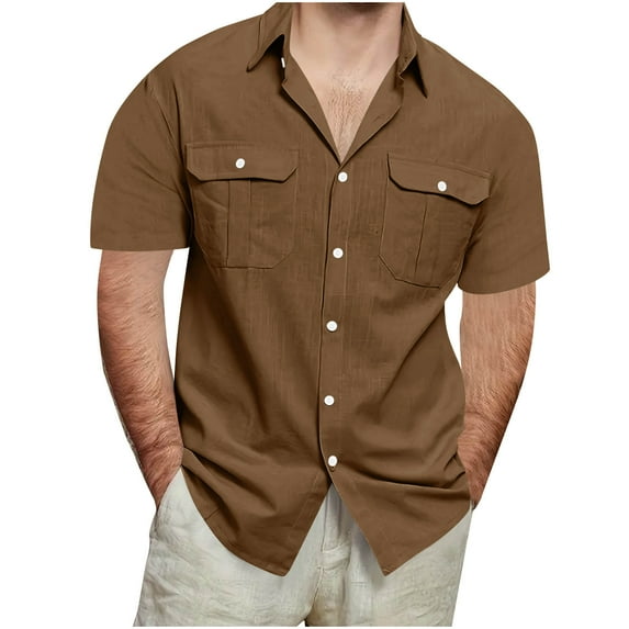 Stamzod Mens Button Down Short Sleeve Shirt Fashion Solid Color Vintage Cotton and Linen Beach Shirts Casual Loose Plus Size Shirts for Men with Pocket Brown-1 XL