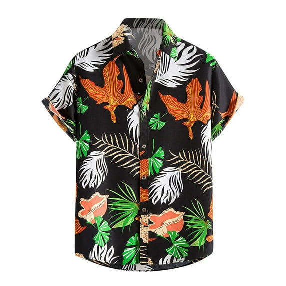 Stamzod Mens Hawaiian Tropical Shirt Short Sleeve Casual Button Down Lapel Summer Beach Shirts Black XL