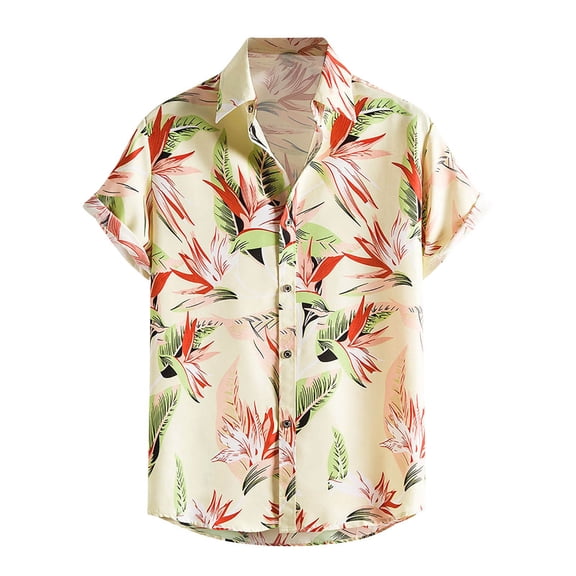 Stamzod Mens Hawaiian Tropical Shirt Short Sleeve Casual Button Down Lapel Summer Beach Shirts Beige L