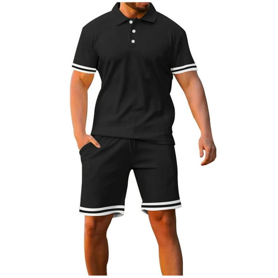 Summer Savings Clearance! Stamzod Mens Matching Shirt and Shorts 2 Piece Summer Solid Color Short Sleeve T Shirts and Shorts Casual Plus Size Workout Running Track Suits Mens Clothes Black XXL