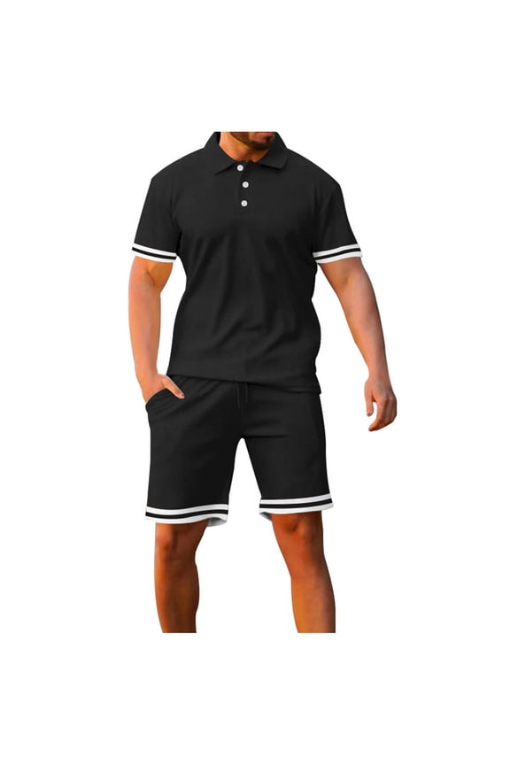 Mens Matching Shirt and Shorts Set 2 Piece Summer Solid Color Short Sleeve T Shirts and Shorts Set Casual Plus Size Workout Running Track Suits Mens Clothes Black L