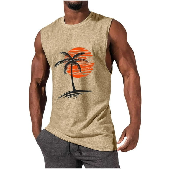 Summer Savings Clearance! Stamzod Mens Oversize Workout Tank Tops Gym Sleeveless Palm Tree Vintage Style T-Shirt Bodybuilding Fitness Muscle Tee