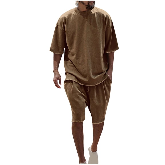 Stamzod Mens Plus Size 2 Piece Outfits Short Sleeve Loose T Shirts and Drawstring Short Lounge Set Solid Color Beach Summer Short Sets