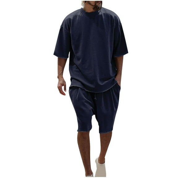 Stamzod Mens Plus Size 2 Piece Outfits Short Sleeve Loose T Shirts and Drawstring Short Lounge Set Solid Color Beach Summer Short Sets