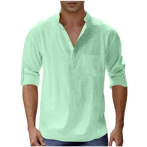 Stamzod Mens Shirts Summer Solid Color Stand-Up Beach Vacation Pullover Shirt Casual Loose Plus Size Long Sleeve Shirts for Men Mint Green XL