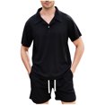 thumbnail image 1 of Stamzod Mens Short Sets 2 Piece Outfits Summer Solid Color Turndown T-Shirts and Shorts Daily Casual Loose Beach Vacation Track Suit with Pocket Black M, 1 of 9