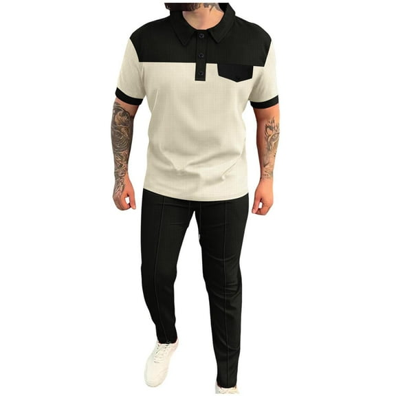 Stamzod Mens Summer Outfits 2 Piece Fashion Patchwork Turndown Short Sleeve Shirts and Pants Set Plus Size Daily Casual Slim Fit Stretch Sweatsuits for Men Khaki M